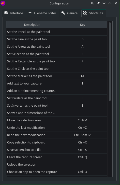 Flameshot configuration window and Shortcuts tab