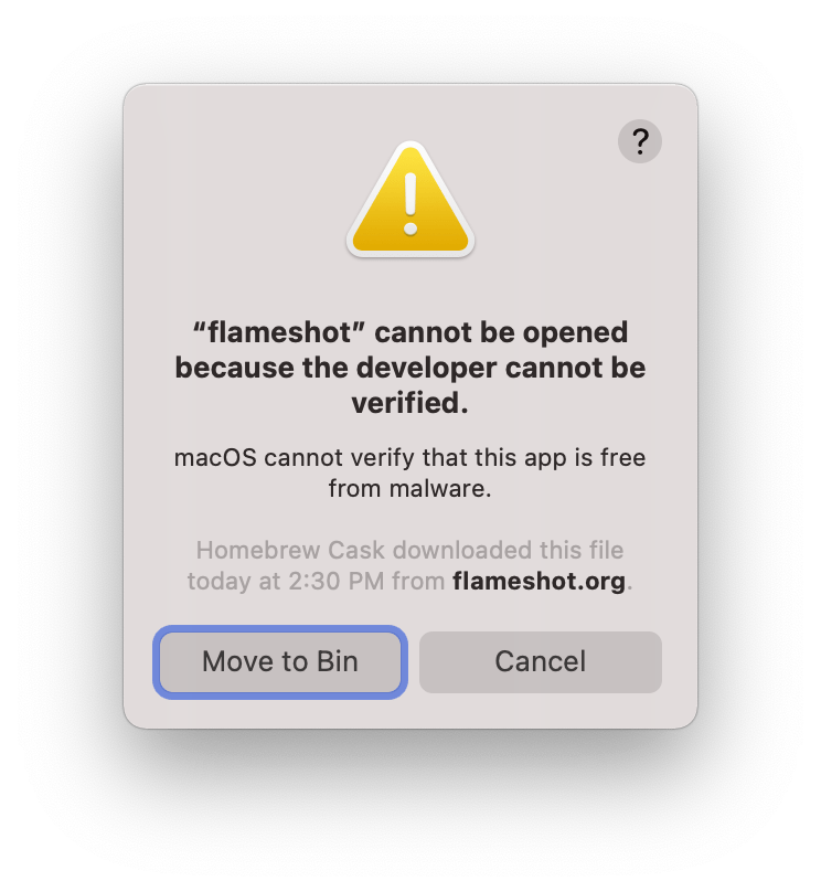 A screenshot of macOS error message that prevents Flameshot from opening