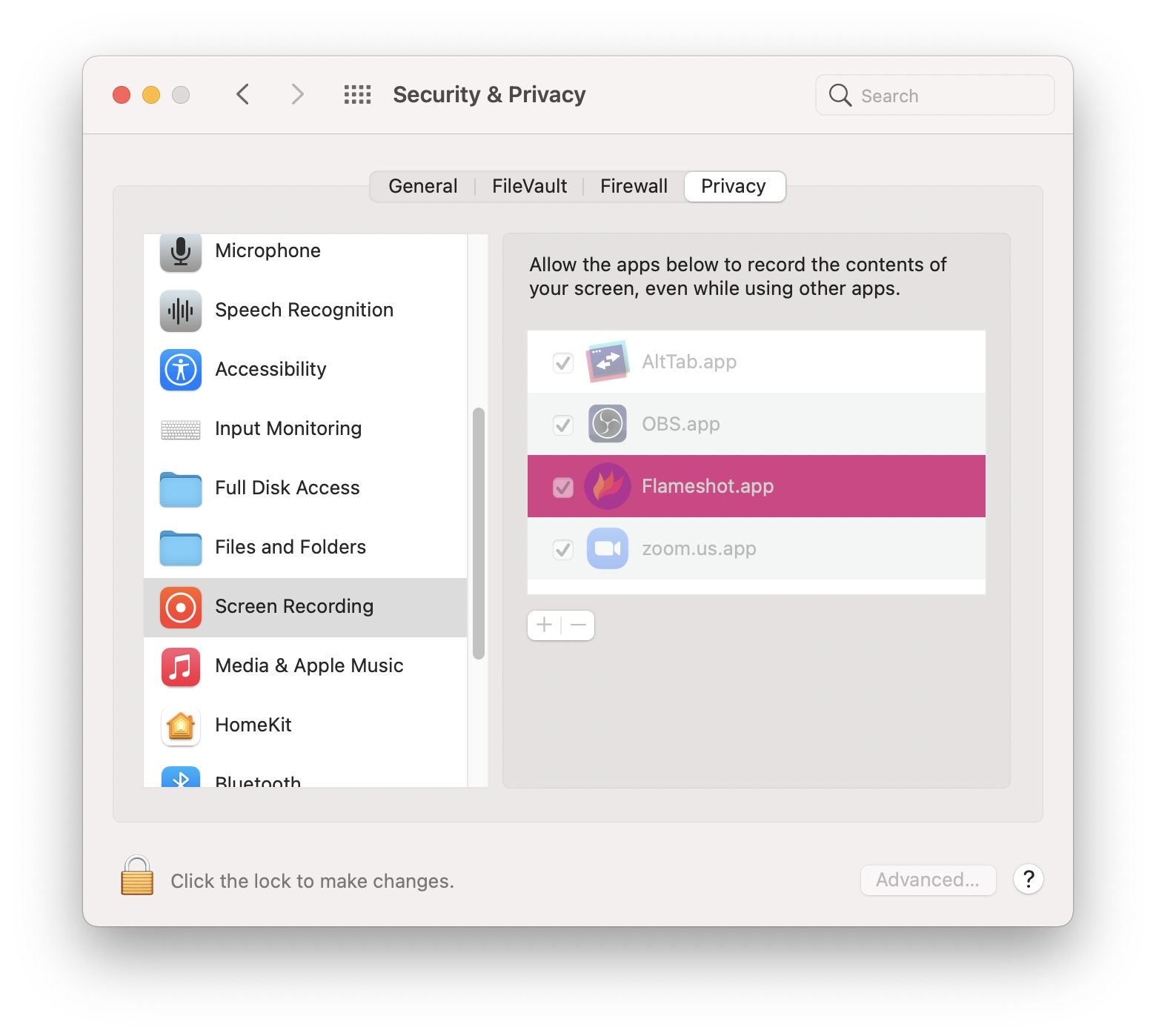 A picture of the macOS Security & Privacy settings that shows the Flameshot should be added to the list in the "privacy" tab